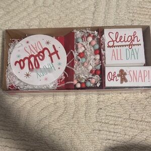 Holiday Coaster and Block Gift Set with Beaded Bracelet - Red, Mint, White